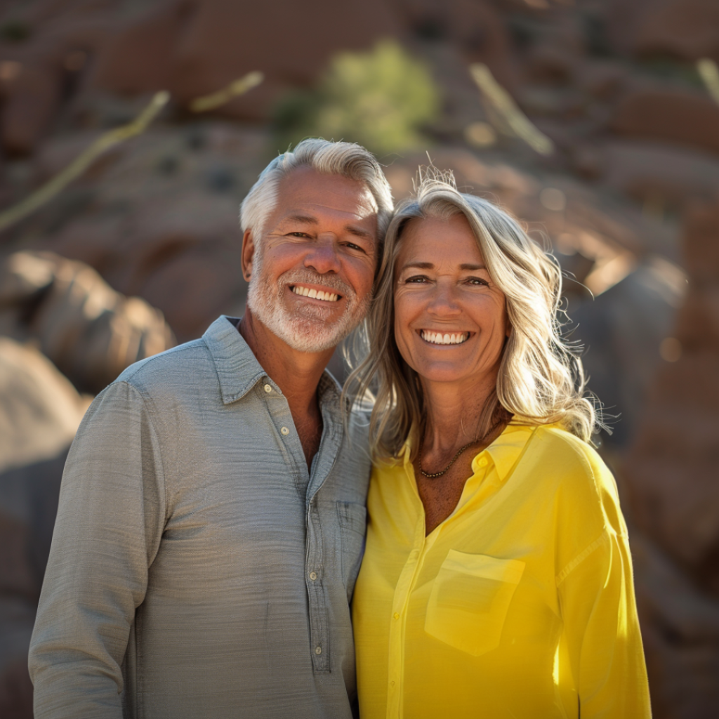 Smiling couple in Arizona standing outside in nature.