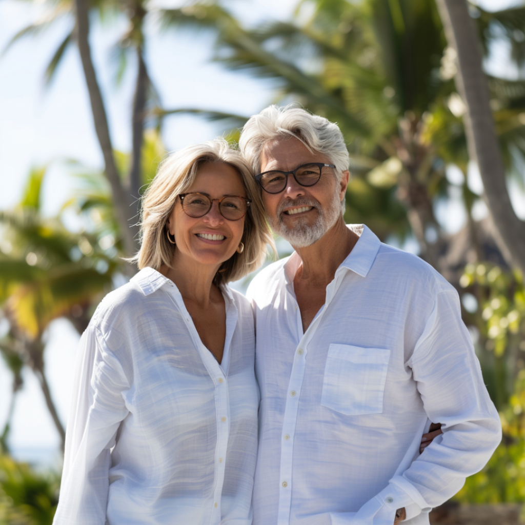 Happy couple in Florida standing under palm trees