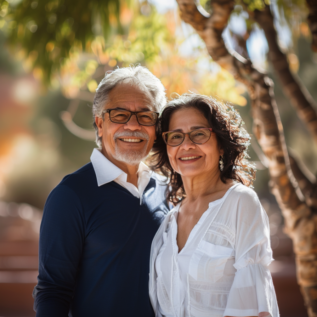 An older couple standing and smiling under a tree in Arizona