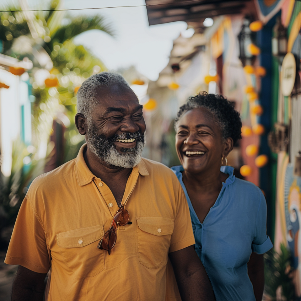 Older couple in South Florida walking along a storefront