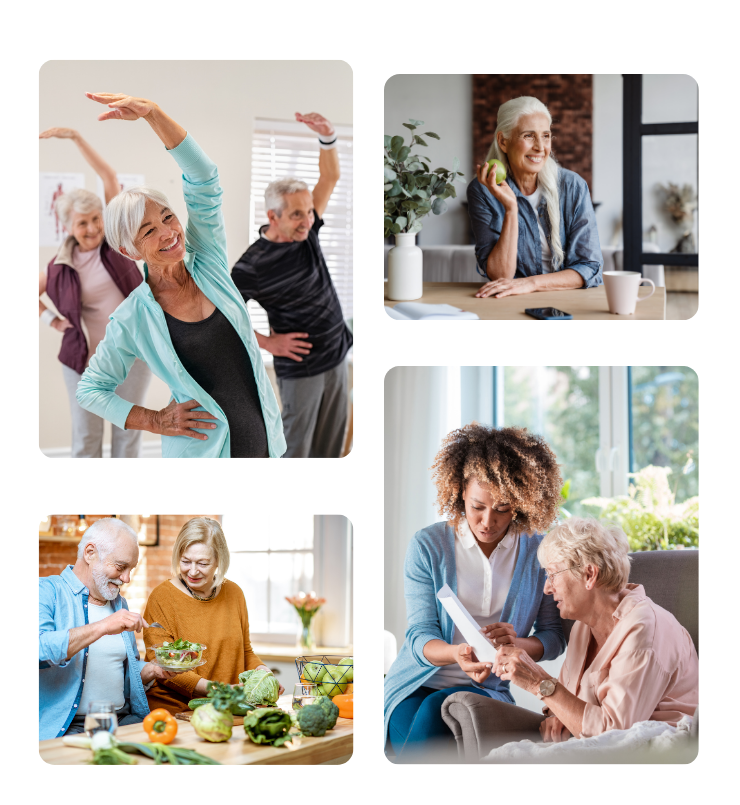 collage of older individuals making healthy choices, such as exercise and eating vegetables